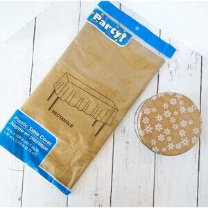 Plastic Table Cover 54”x108” and Round Gift Tin Gold White Winter Holiday